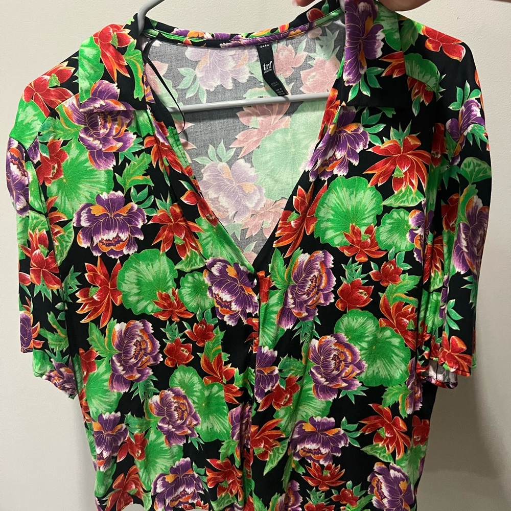 Boxy button down tropical print shirt